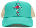 KBV1585 Floral Cross Meshback 5 Panel Ballcap - MiMi Wholesale