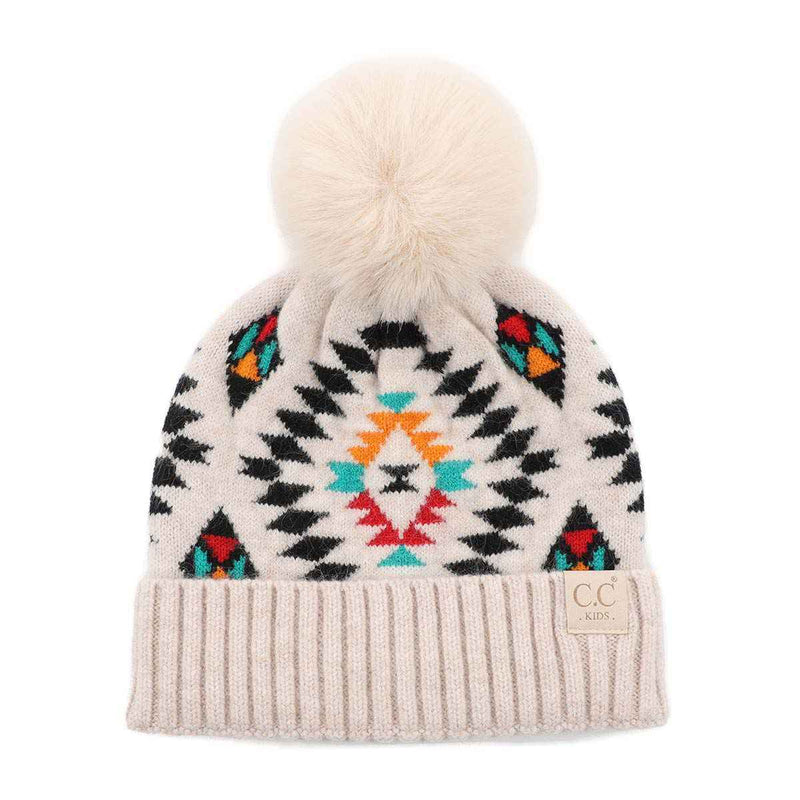 KIDS3001 Kids Aztec Pattern Pom Pom Beanie - MiMi Wholesale