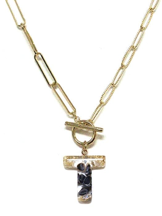 KN8166 Assorted 16 Piece Black Acrylic Initial Toggle Chain Necklace Pack - MiMi Wholesale