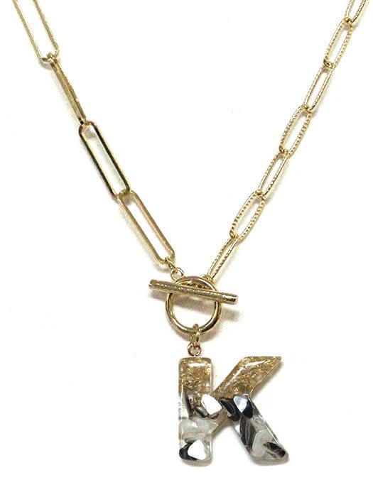 KN8166 Assorted 16 Piece Black Acrylic Initial Toggle Chain Necklace Pack - MiMi Wholesale