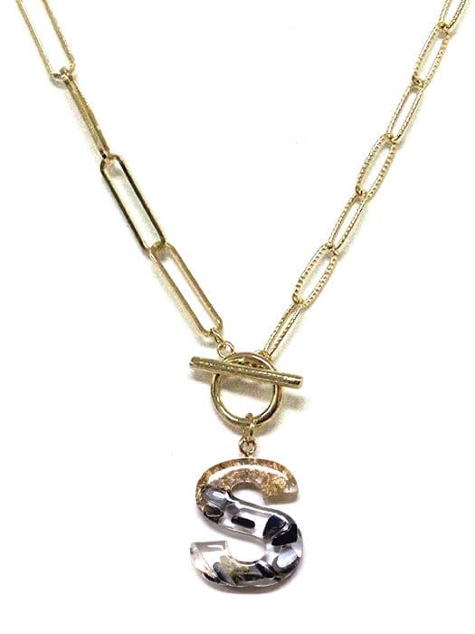 KN8166 Assorted 16 Piece Black Acrylic Initial Toggle Chain Necklace Pack - MiMi Wholesale