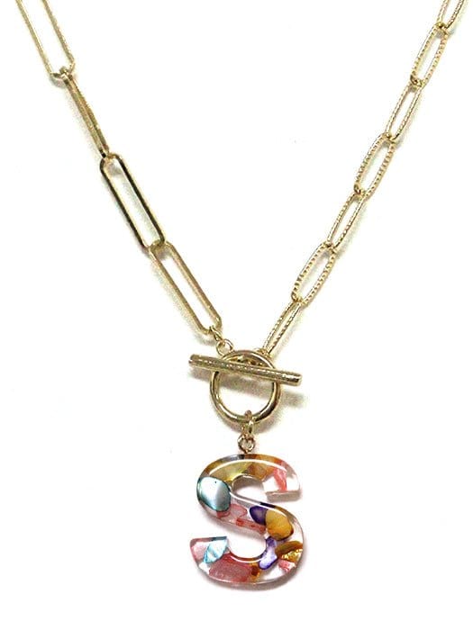 KN8167 Assorted 16 Piece Rainbow Acrylic Initial Toggle Chain Necklace Pack - MiMi Wholesale