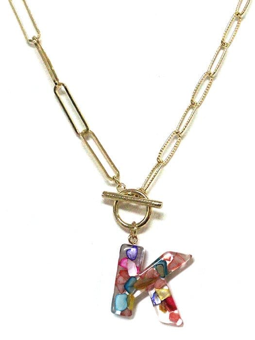 KN8167 Assorted 16 Piece Rainbow Acrylic Initial Toggle Chain Necklace Pack - MiMi Wholesale