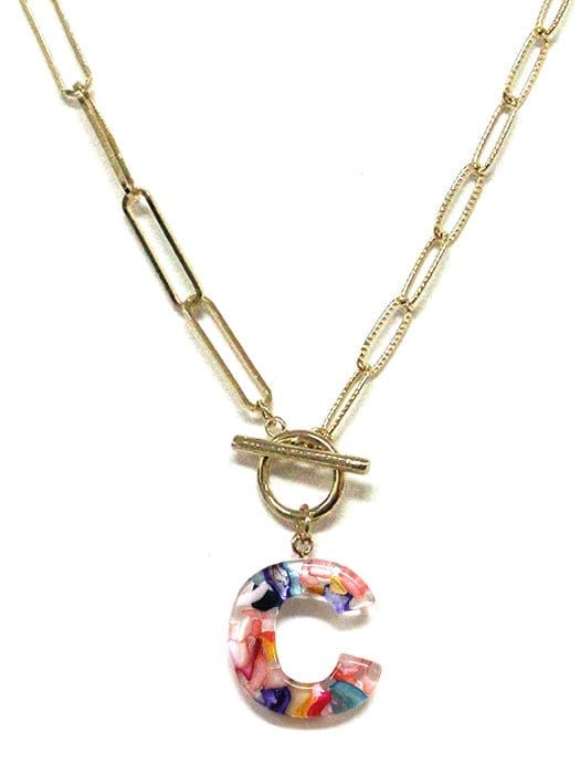 KN8167 Assorted 16 Piece Rainbow Acrylic Initial Toggle Chain Necklace Pack - MiMi Wholesale