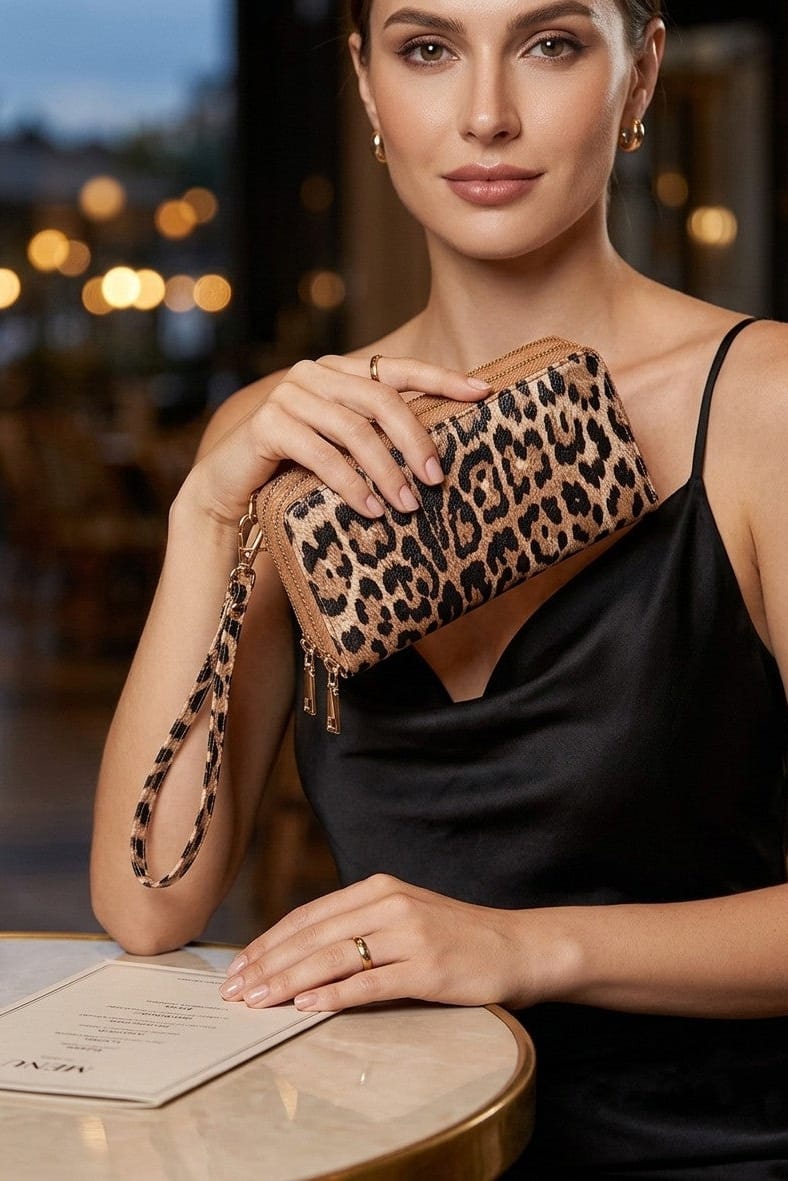 LE0012 Gia Leopard Print Double Zip-Around Wallet Wristlet - MiMi Wholesale