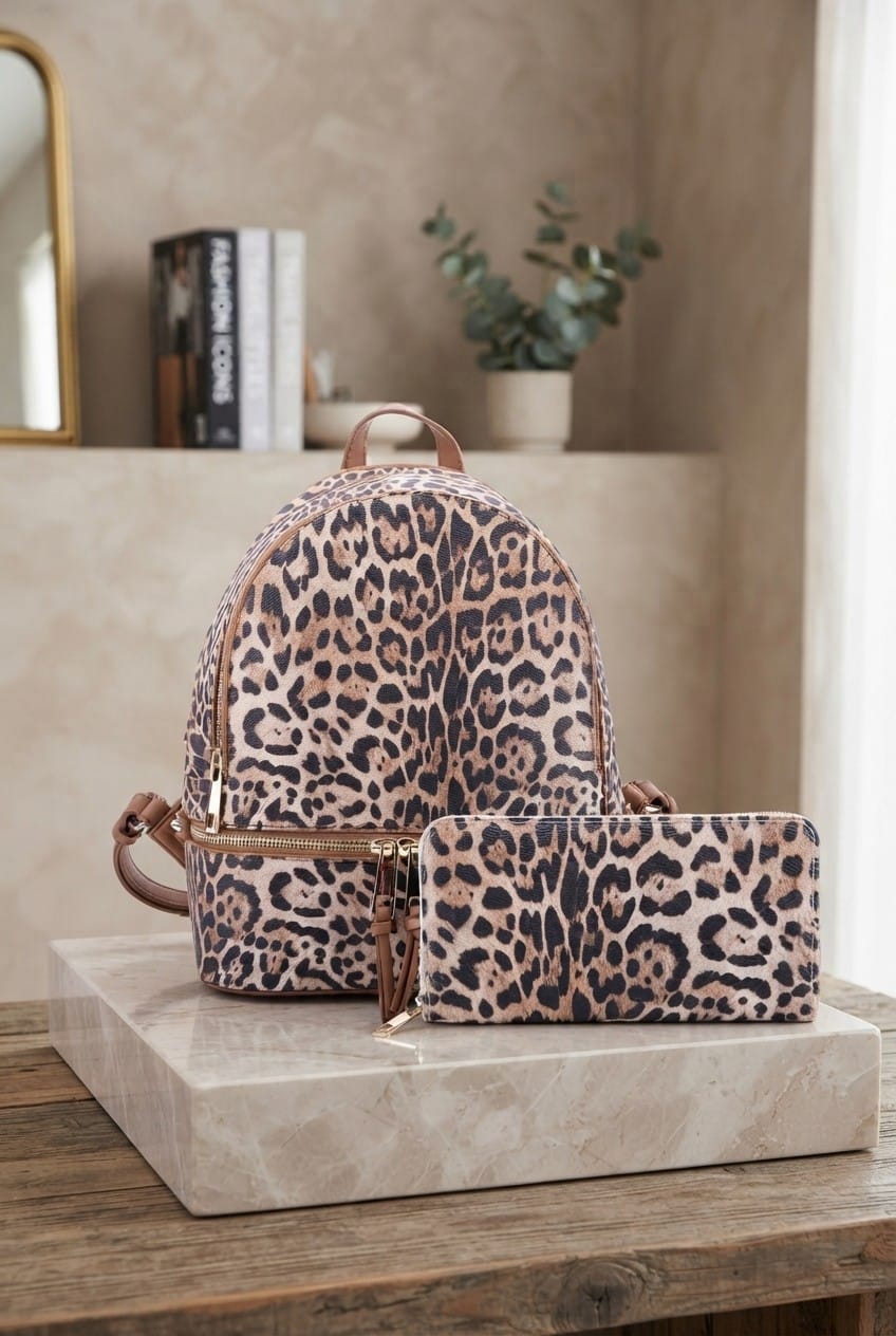 LE1062W Lola Leopard Print Backpack & Wallet Set - MiMi Wholesale