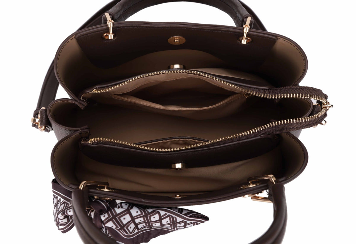 LP16609 Charlotte Triple Compartment Satchel Crossbody Bag with Scarf - MiMi Wholesale