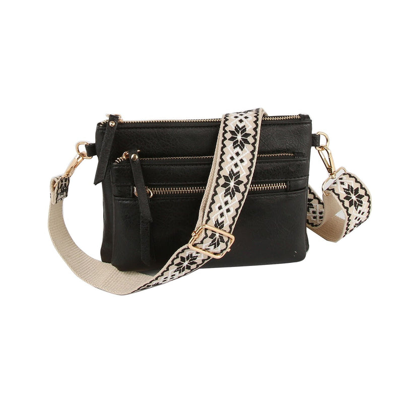 LQ342Z Multi Zip Pocket Crossbody Bag With Guitar Strap - MiMi Wholesale