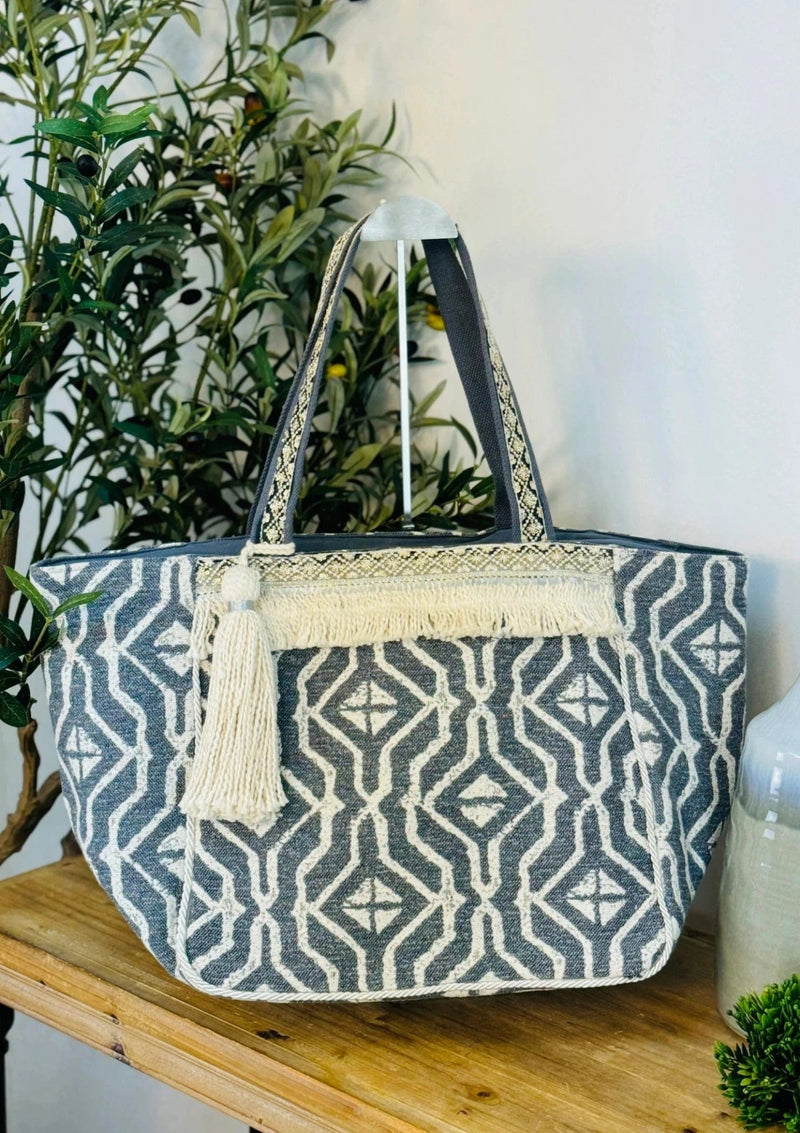 M2159 Rue Printed Cotton Tote w/ Fringe - MiMi Wholesale