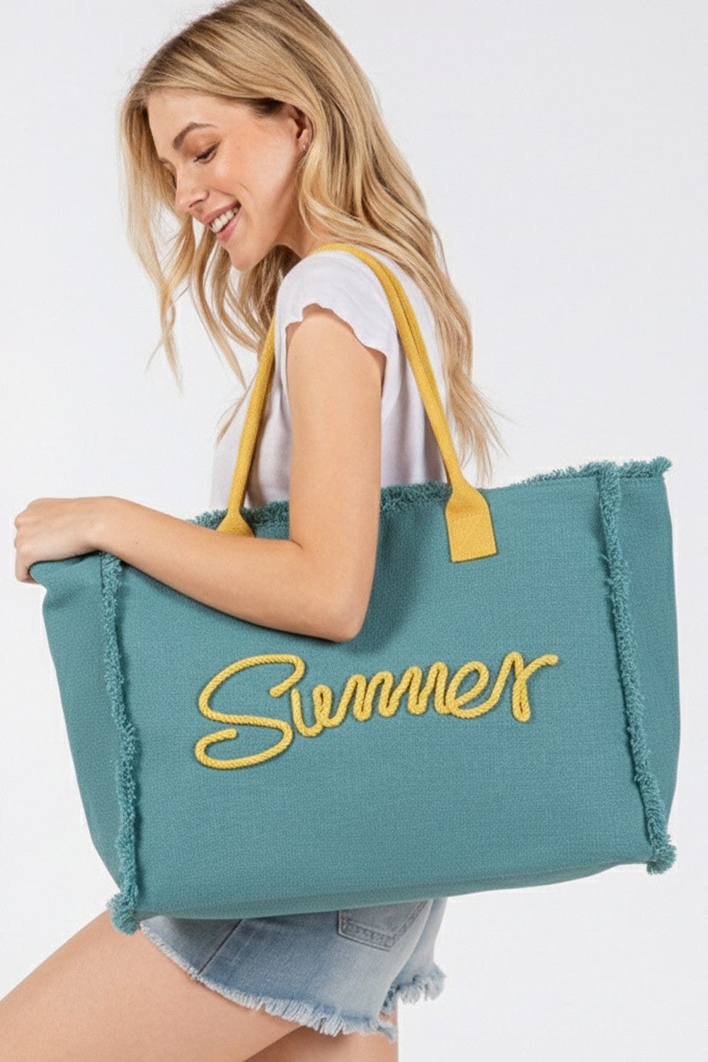 MB0204 Sewn Rope Summer Letter Fringe Tote Bag - MiMi Wholesale
