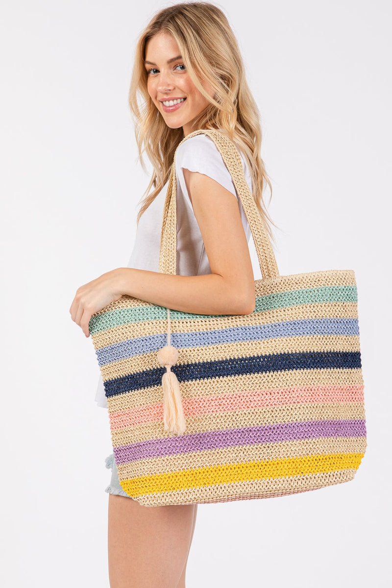 MB0205 Amara Striped Crochet Tote Bag With Tassel - MiMi Wholesale