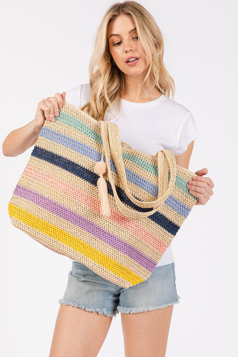 MB0205 Amara Striped Crochet Tote Bag With Tassel - MiMi Wholesale