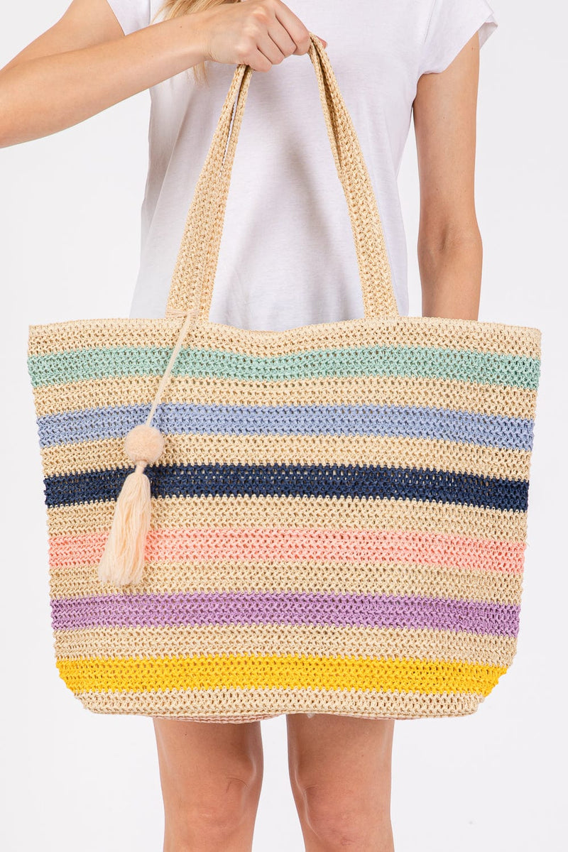 MB0205 Amara Striped Crochet Tote Bag With Tassel - MiMi Wholesale