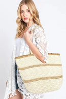 MB0219 Stripe detail Frayed Straw Bag - MiMi Wholesale