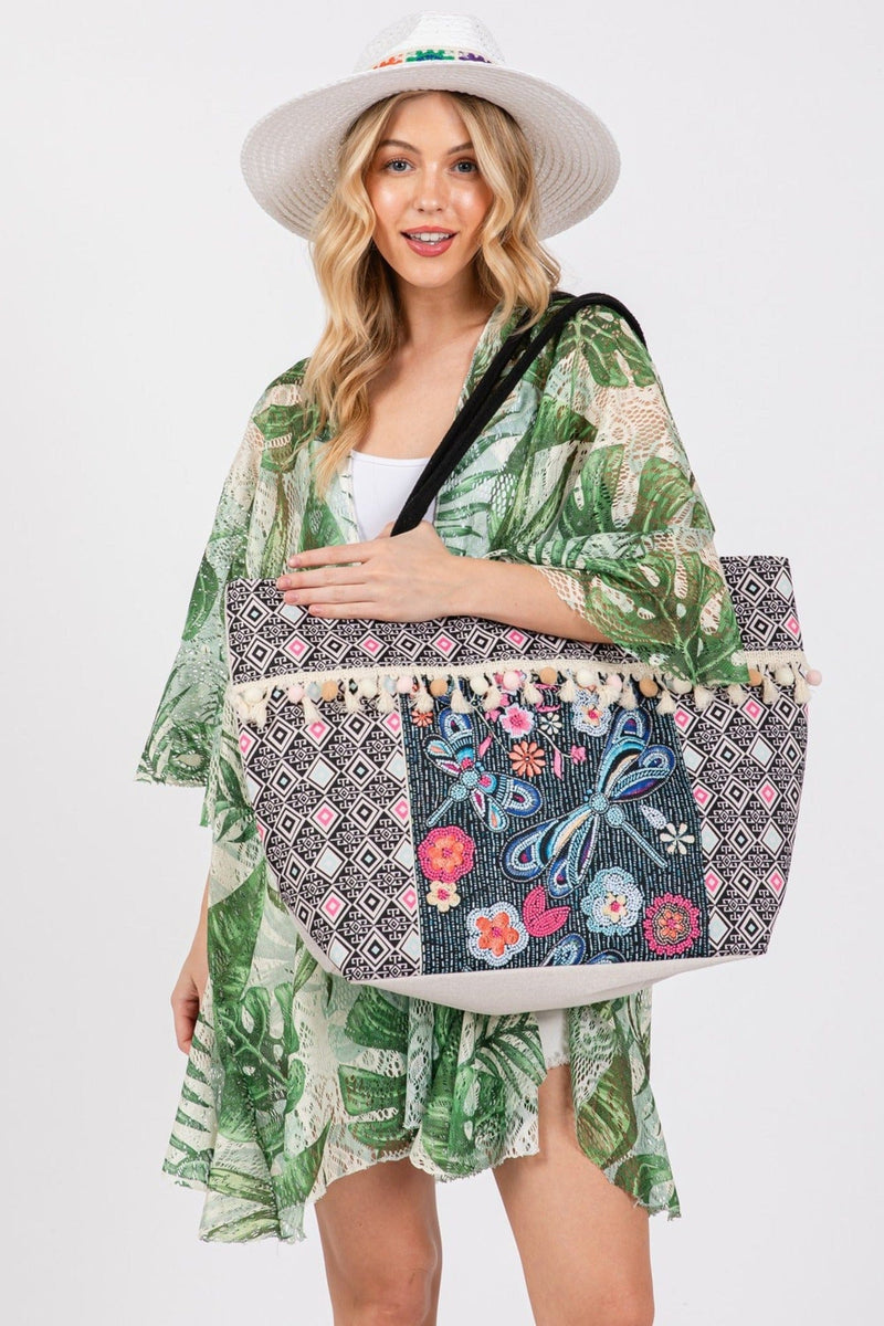 MB0248 Romina Boho Dragonfly Print Tassel Tote Bag - MiMi Wholesale