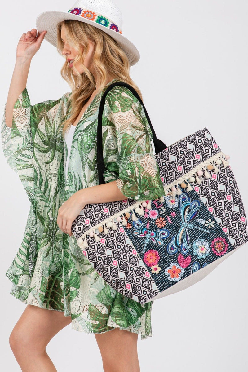 MB0248 Romina Boho Dragonfly Print Tassel Tote Bag - MiMi Wholesale