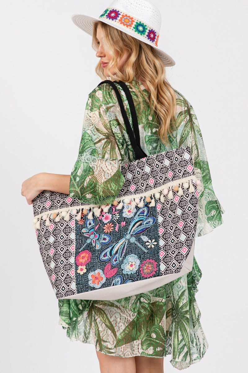 MB0248 Romina Boho Dragonfly Print Tassel Tote Bag - MiMi Wholesale