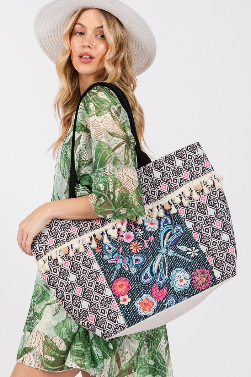 MB0248 Romina Boho Dragonfly Print Tassel Tote Bag - MiMi Wholesale