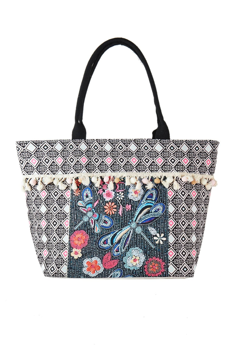 MB0248 Romina Boho Dragonfly Print Tassel Tote Bag - MiMi Wholesale