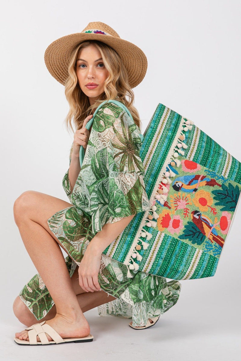 MB0249 Melany Parrot Boho Print Tassel Tote Bag - MiMi Wholesale