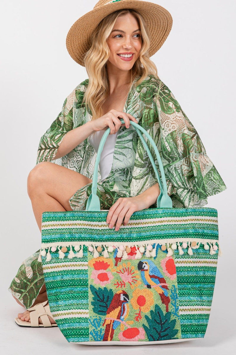 MB0249 Melany Parrot Boho Print Tassel Tote Bag - MiMi Wholesale