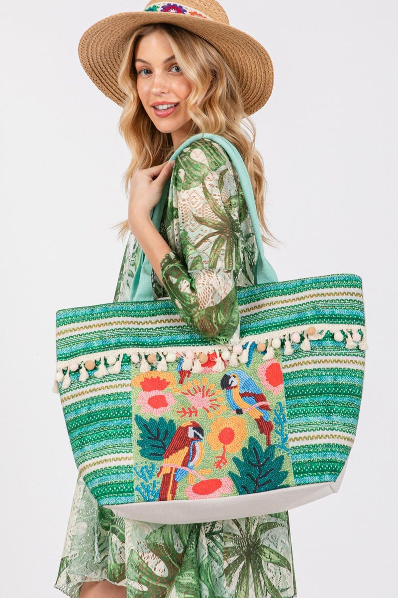 MB0249 Melany Parrot Boho Print Tassel Tote Bag - MiMi Wholesale