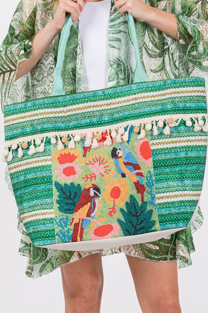 MB0249 Melany Parrot Boho Print Tassel Tote Bag - MiMi Wholesale