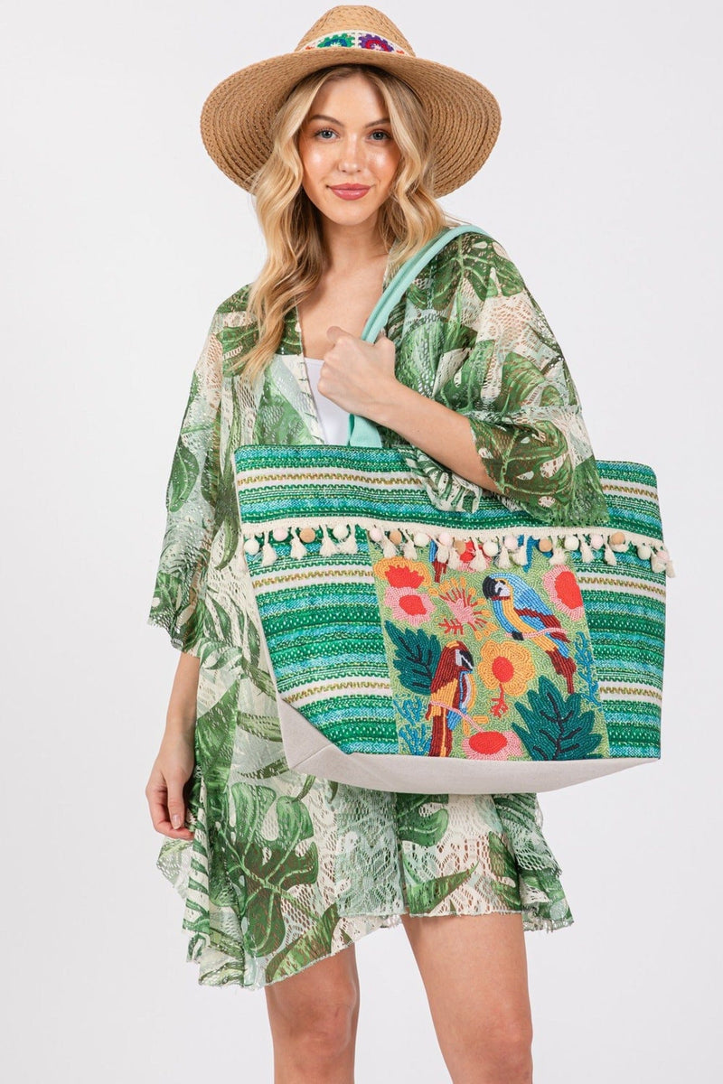 MB0249 Melany Parrot Boho Print Tassel Tote Bag - MiMi Wholesale