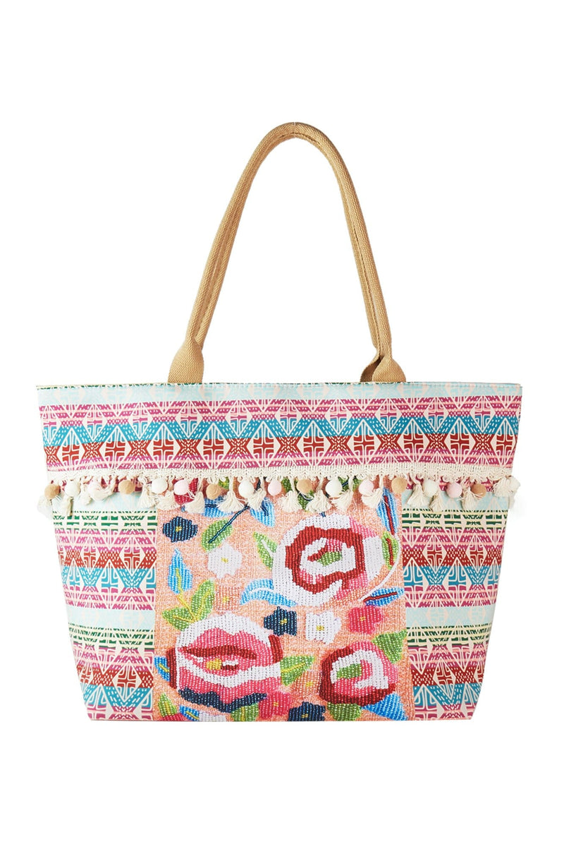 MB0251 Violeta Boho Rose Print Tassel Tote Bag - MiMi Wholesale