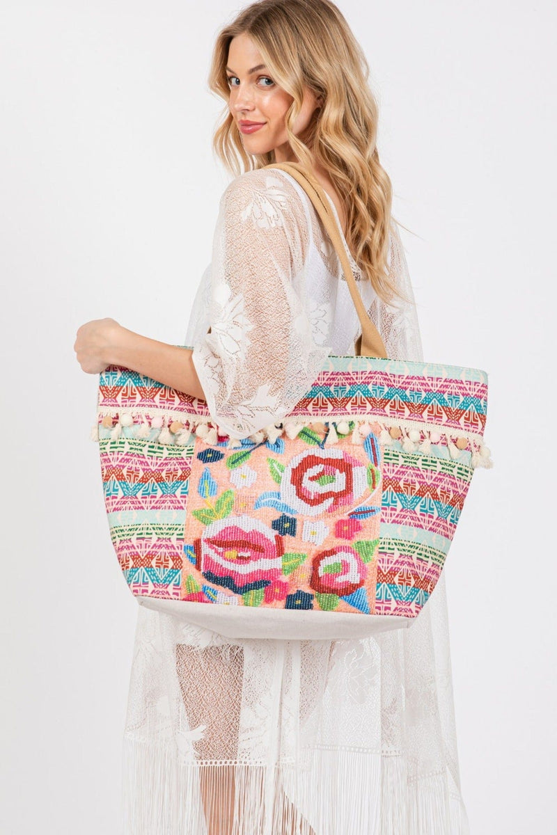 MB0251 Violeta Boho Rose Print Tassel Tote Bag - MiMi Wholesale