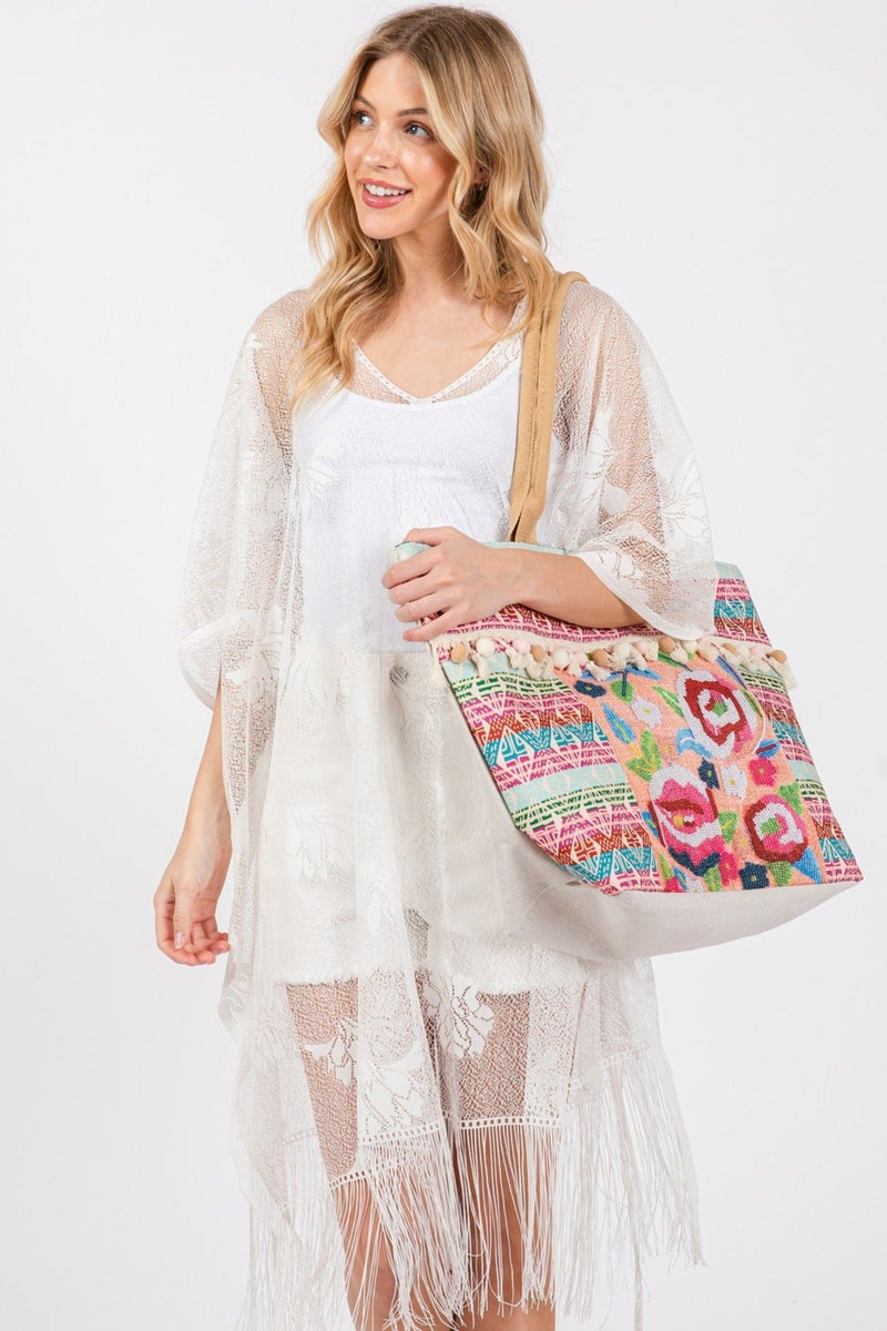 MB0251 Violeta Boho Rose Print Tassel Tote Bag - MiMi Wholesale