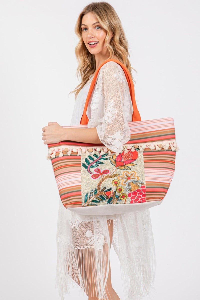 MB0252 Genesis Boho Flower Print Tassel Tote Bag - MiMi Wholesale