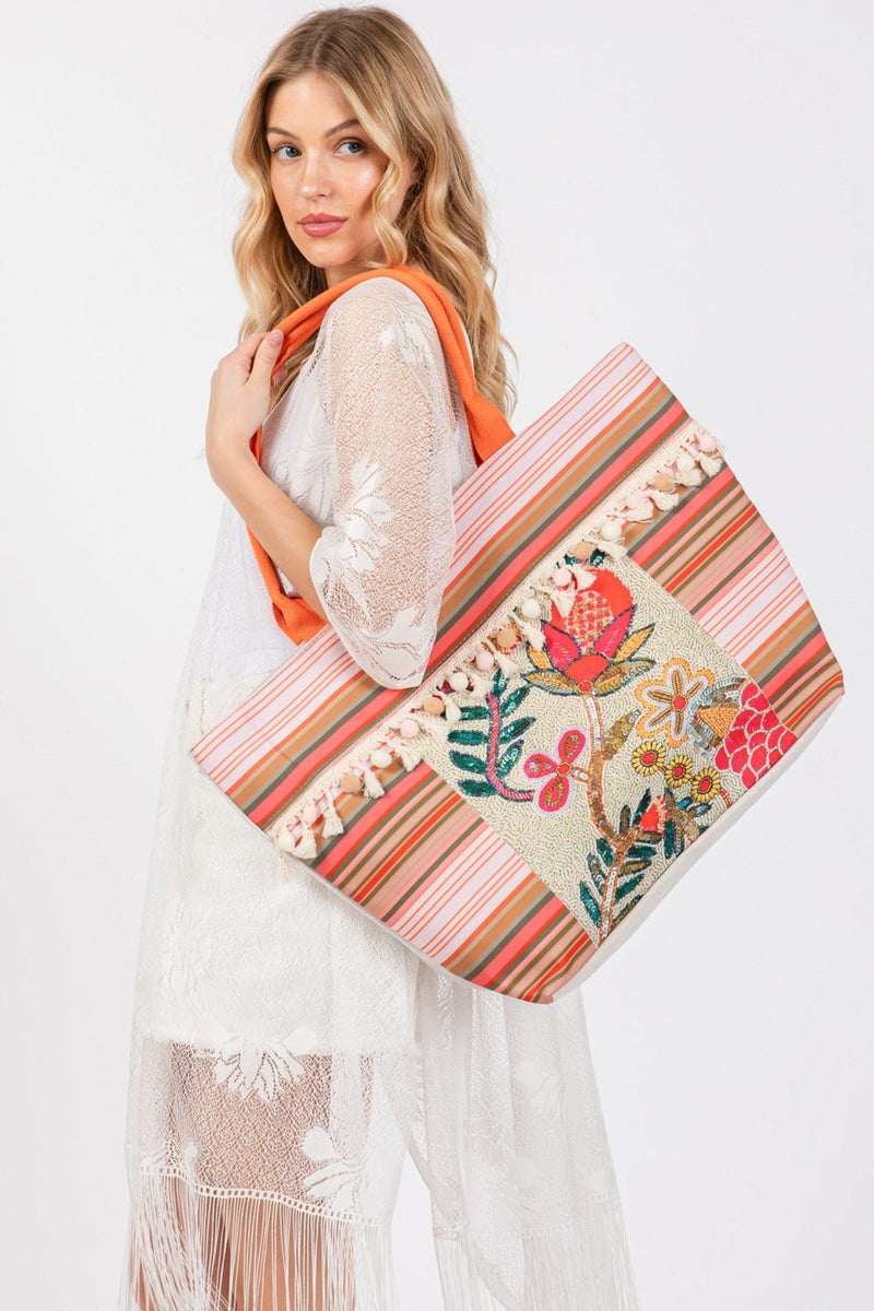 MB0252 Genesis Boho Flower Print Tassel Tote Bag - MiMi Wholesale