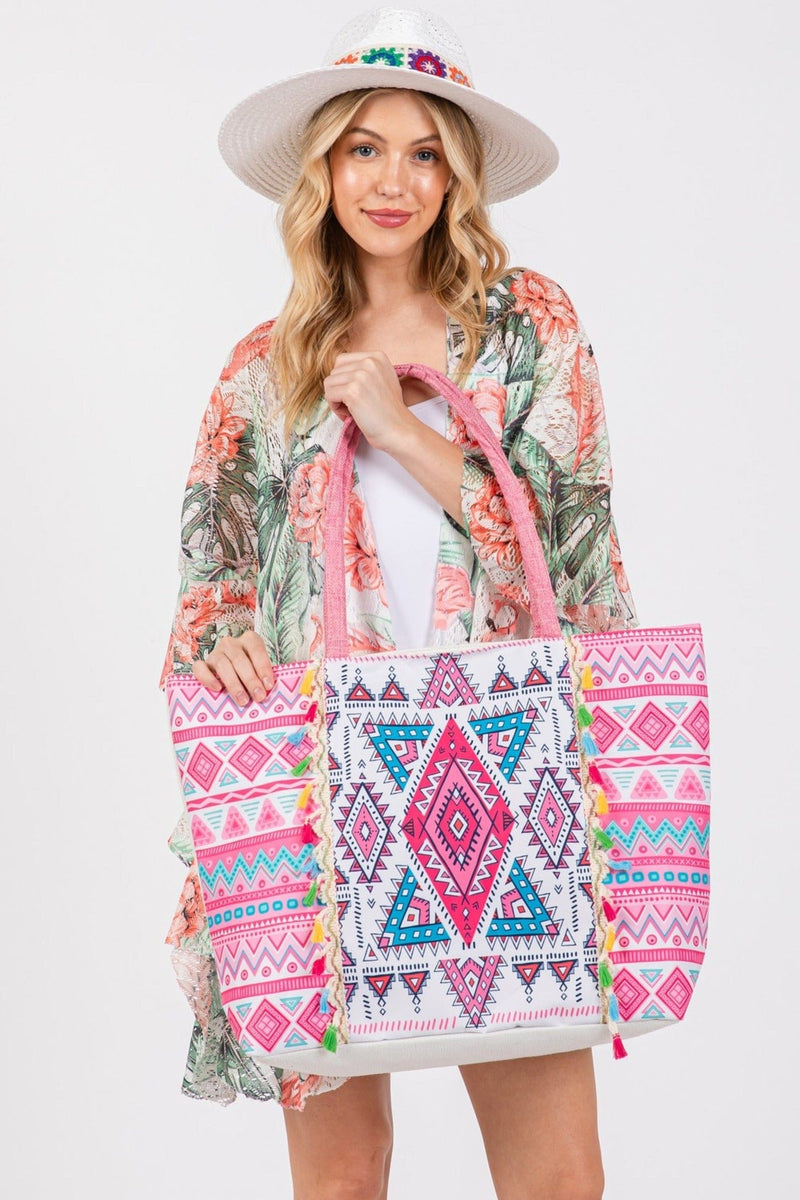 MB0254 Taytum Aztec Print Tassel Tote Bag - MiMi Wholesale