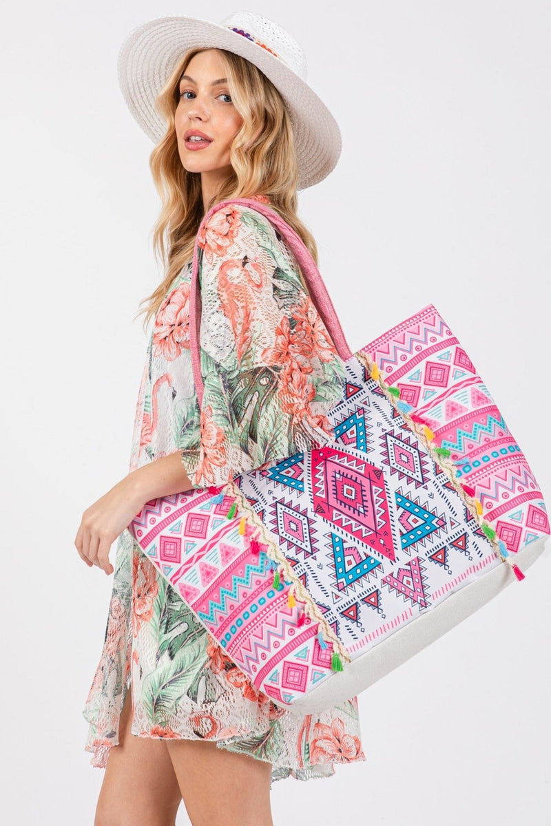 MB0254 Taytum Aztec Print Tassel Tote Bag - MiMi Wholesale