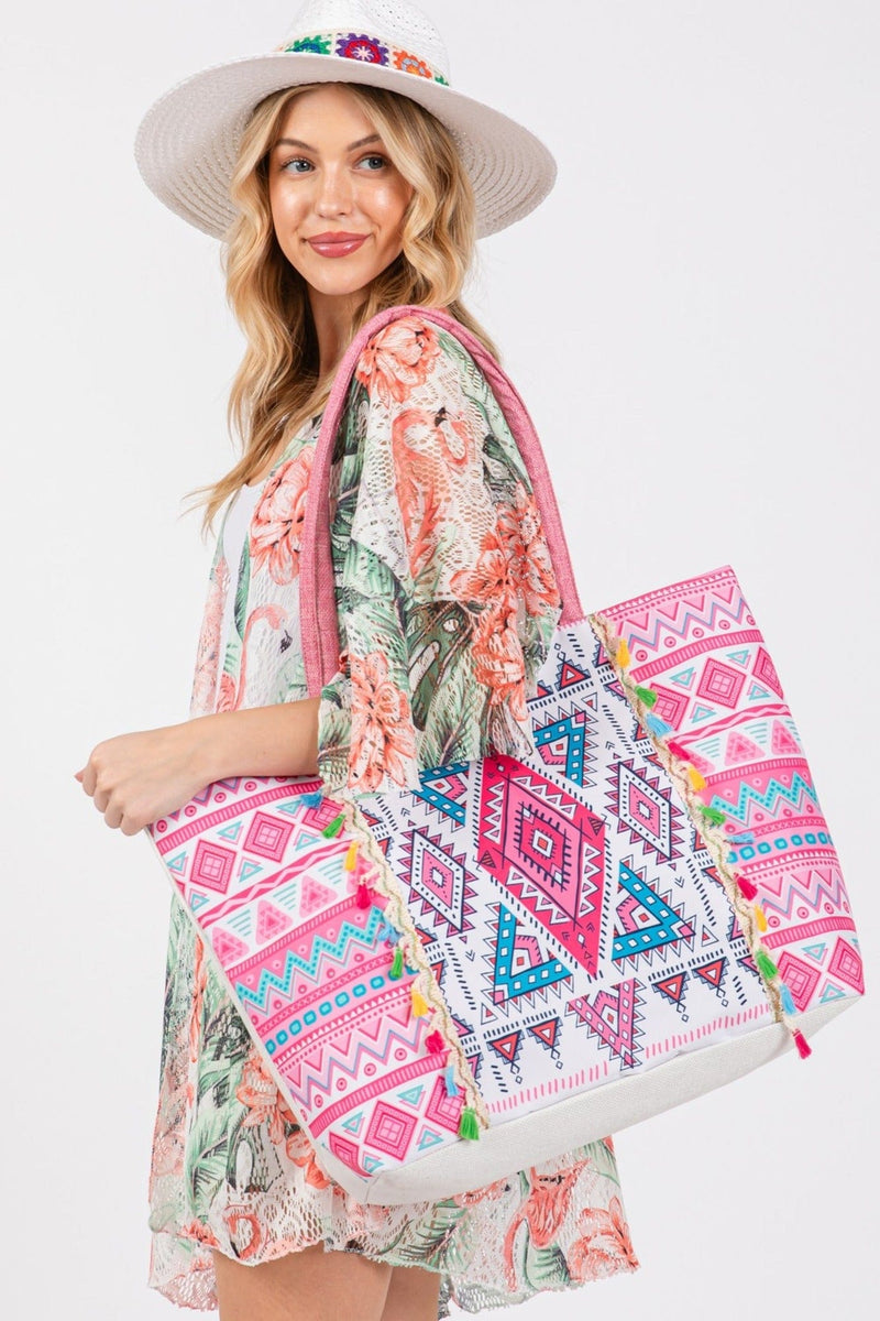 MB0254 Taytum Aztec Print Tassel Tote Bag - MiMi Wholesale