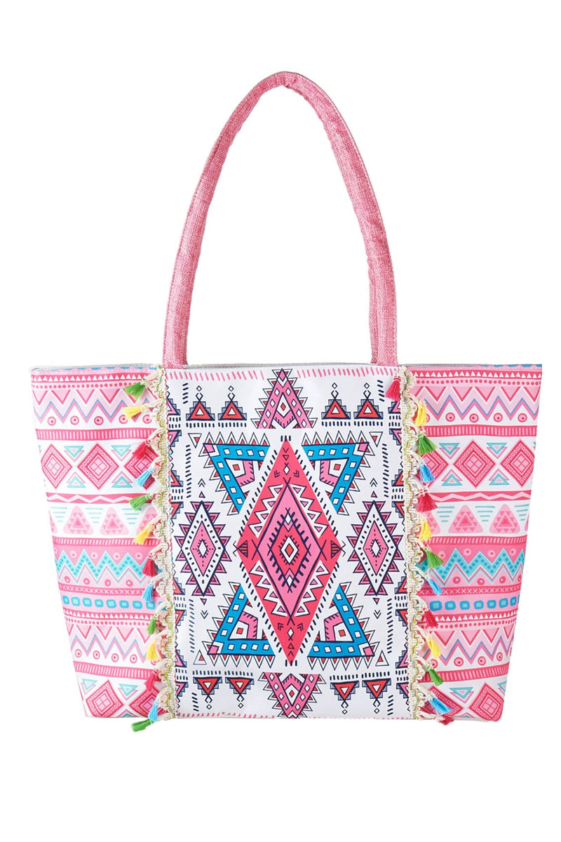 MB0254 Taytum Aztec Print Tassel Tote Bag - MiMi Wholesale