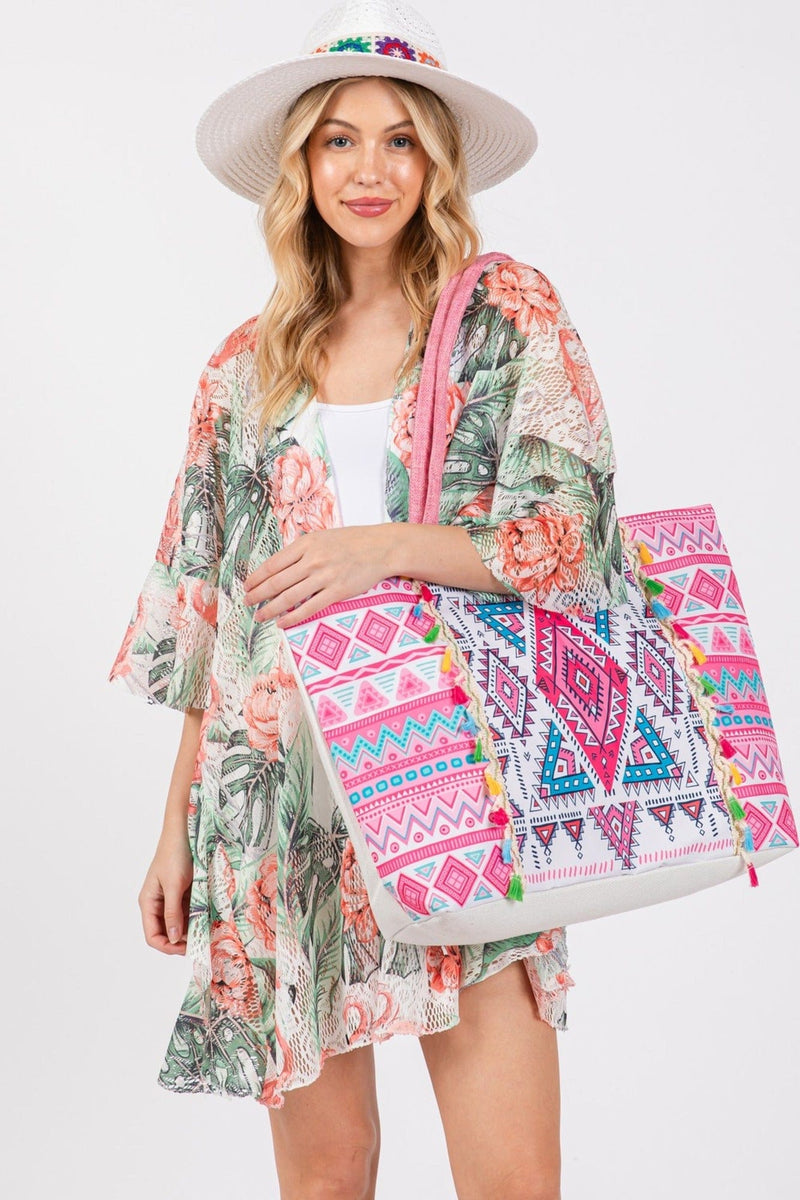 MB0254 Taytum Aztec Print Tassel Tote Bag - MiMi Wholesale