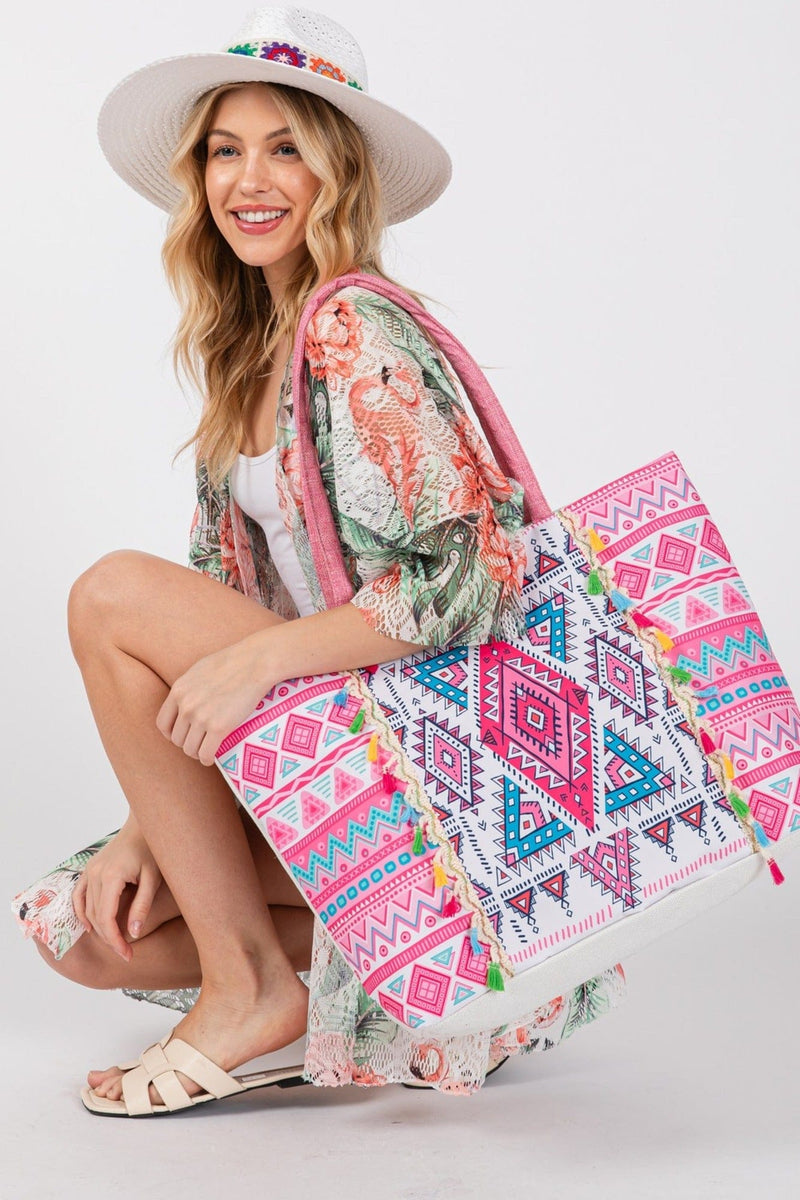 MB0254 Taytum Aztec Print Tassel Tote Bag - MiMi Wholesale