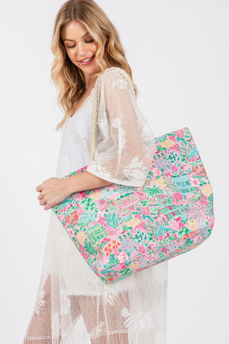 MB0257 Hand Draw Undersea City Print Beach Tote - MiMi Wholesale