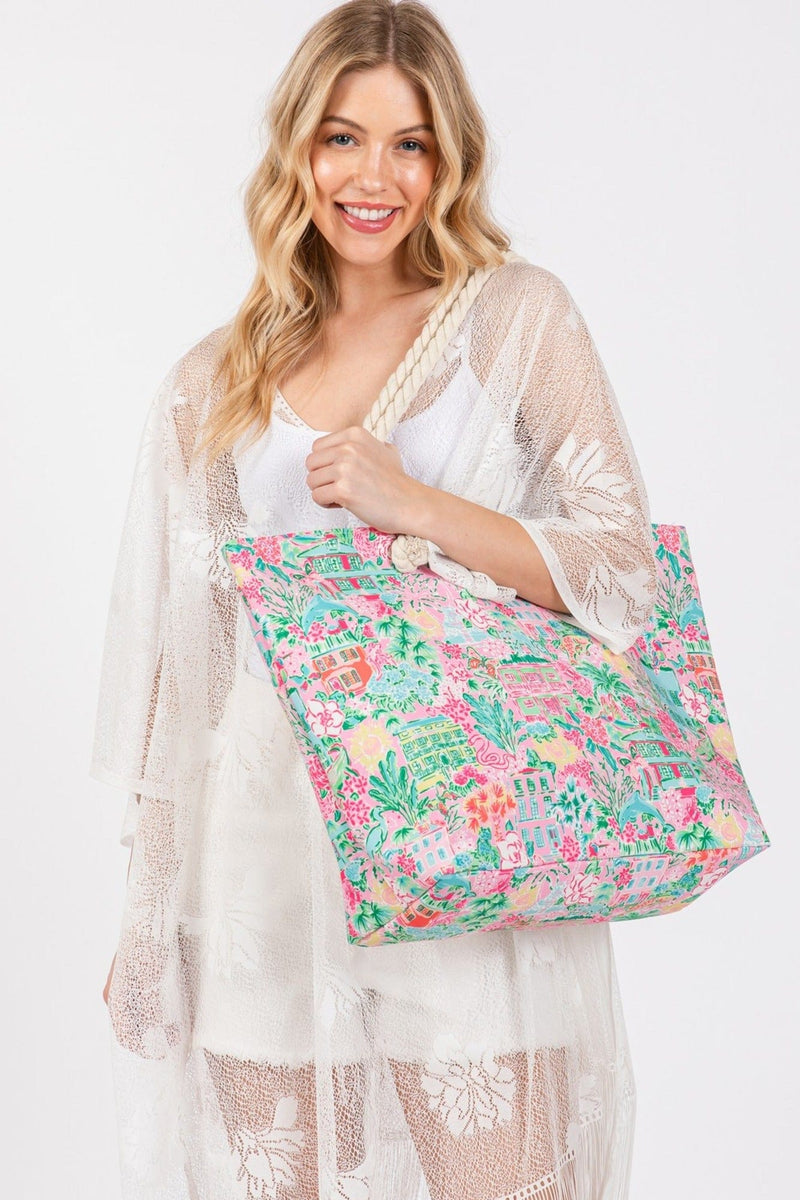 MB0257 Hand Draw Undersea City Print Beach Tote - MiMi Wholesale