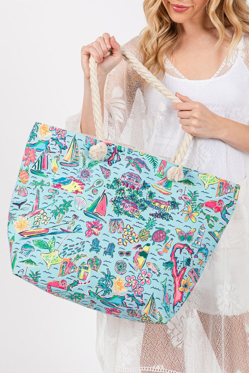 MB0258 Hand Drawn Beach Life Print Tote - MiMi Wholesale