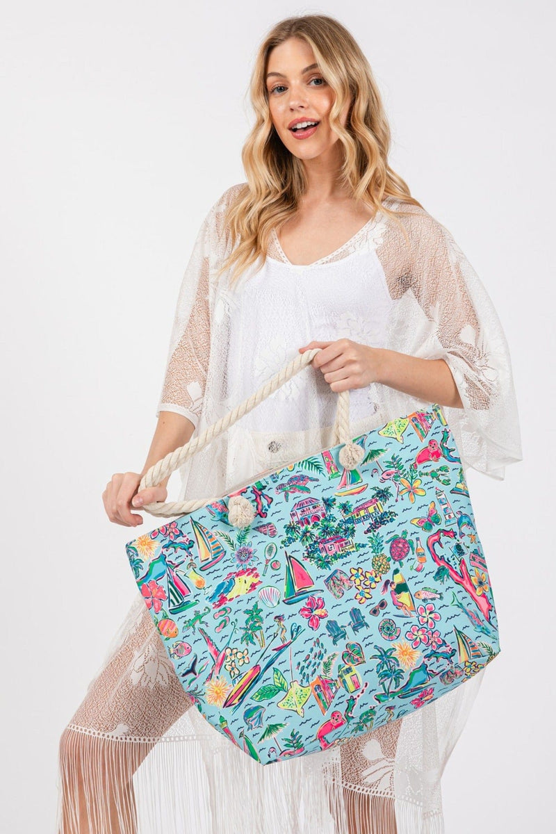 MB0258 Hand Drawn Beach Life Print Tote - MiMi Wholesale