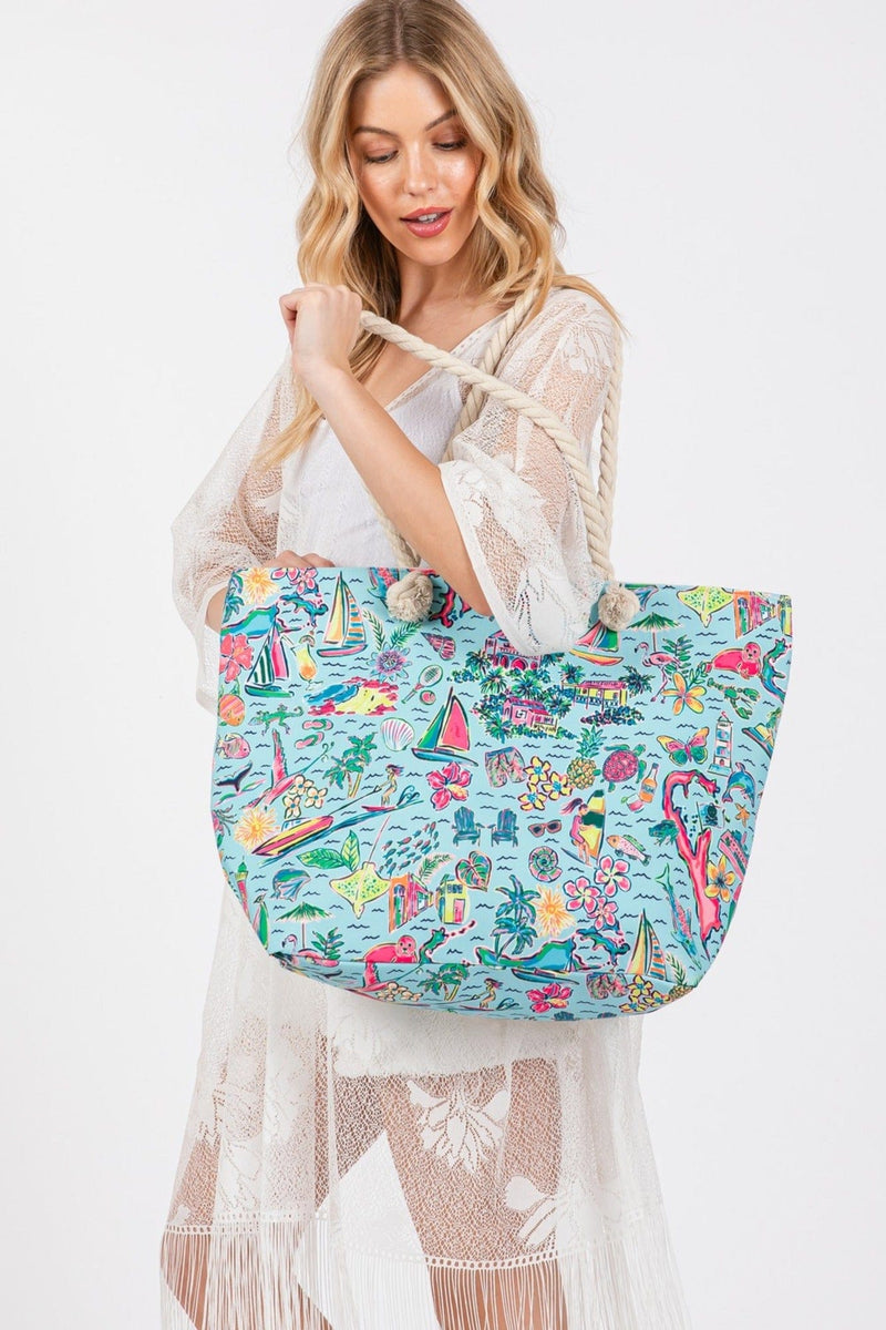 MB0258 Hand Drawn Beach Life Print Tote - MiMi Wholesale