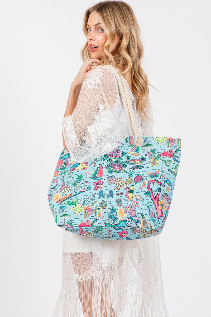 MB0258 Hand Drawn Beach Life Print Tote - MiMi Wholesale