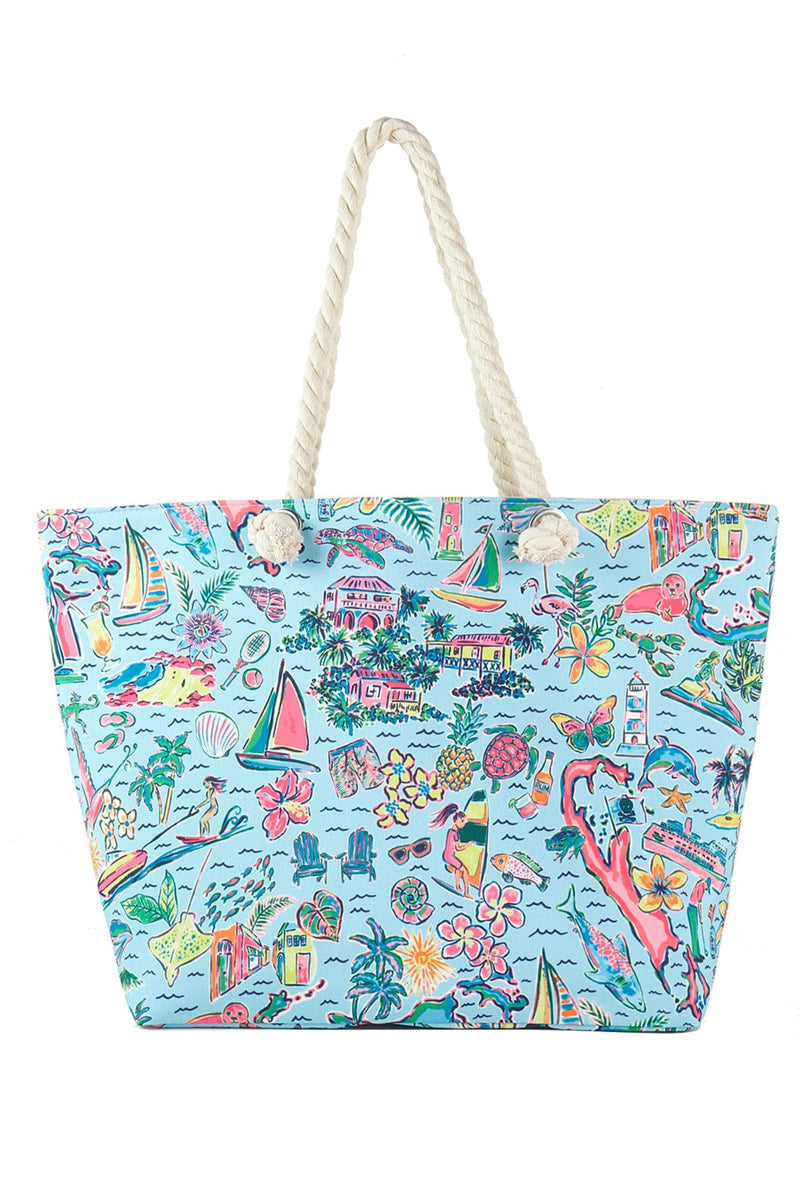 MB0258 Hand Drawn Beach Life Print Tote - MiMi Wholesale