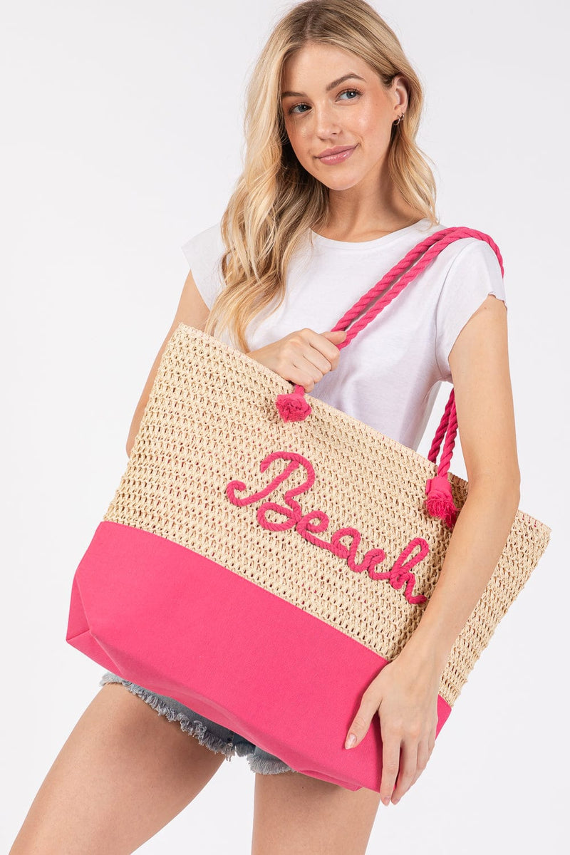 MB0266 Sewn Rope Beach Letter Color Straw Tote Bag - MiMi Wholesale