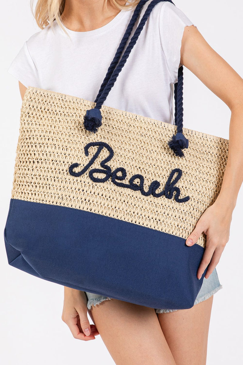 MB0266 Sewn Rope Beach Letter Color Straw Tote Bag - MiMi Wholesale