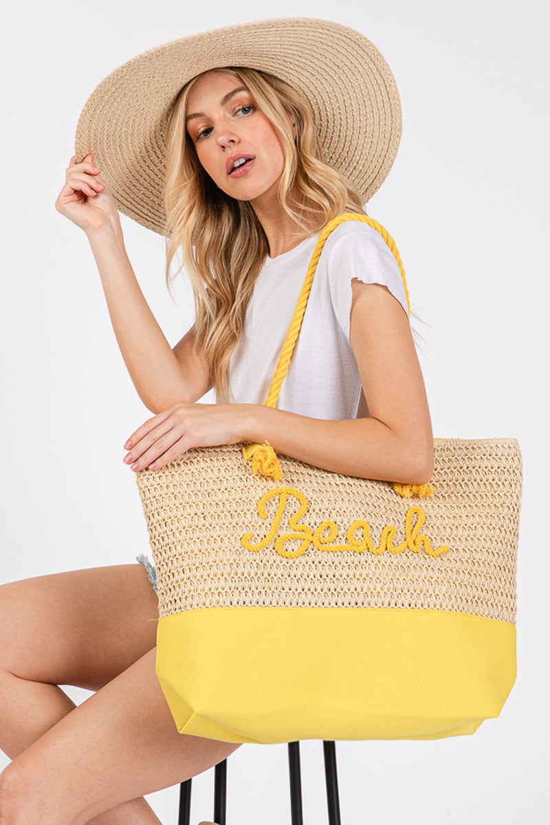 MB0266 Sewn Rope Beach Letter Color Straw Tote Bag - MiMi Wholesale