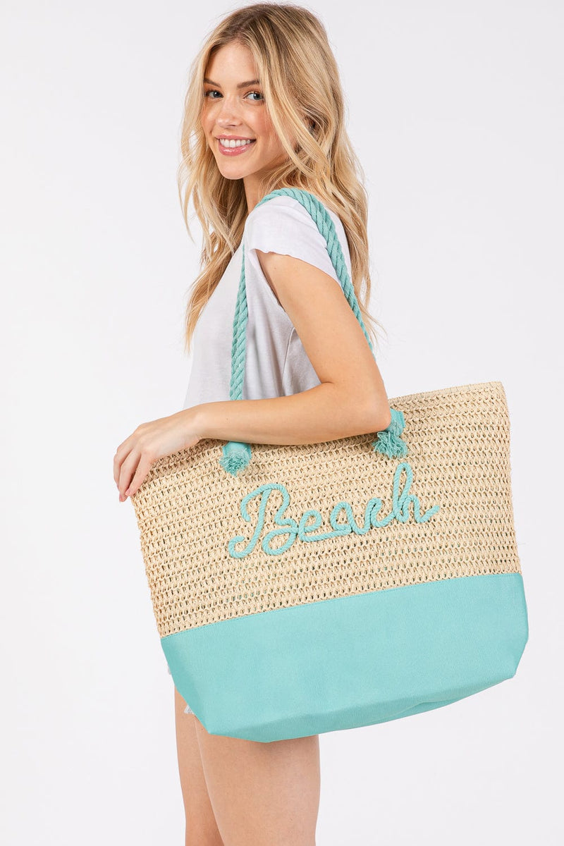 MB0266 Sewn Rope Beach Letter Color Straw Tote Bag - MiMi Wholesale